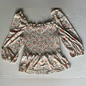 Pink Peony juniors XL off shoulder puff sleeve ditsy floral ruched crop top